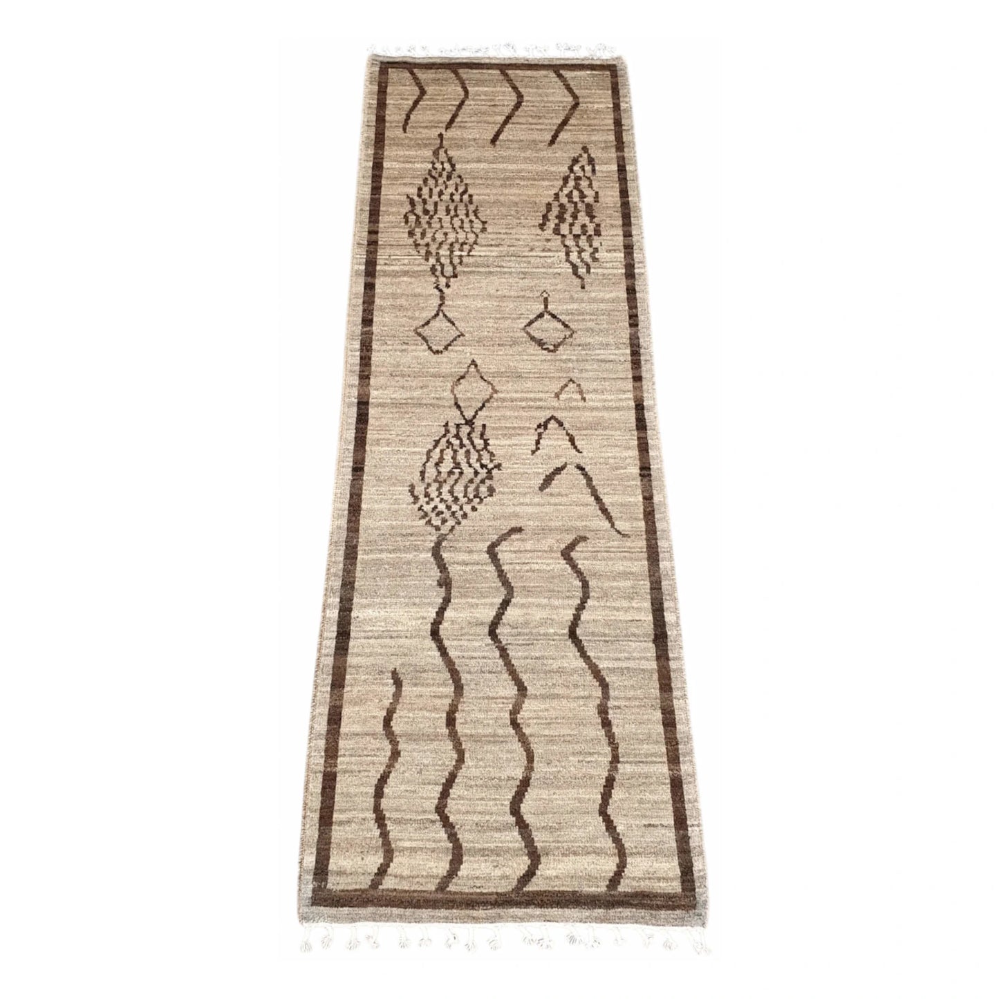 Full view of Moroccan hand-knotted wool runner rug with beige field and brown abstract motifs, 242 x 82 cm