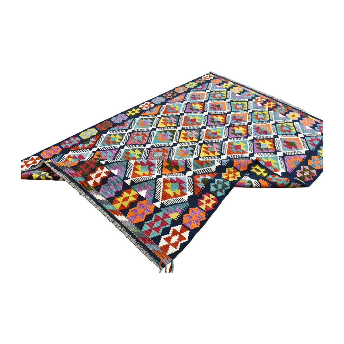 Folded view of multicolour Afghan Chobi kilim showing its diamond field, navy geometric border and turned corners