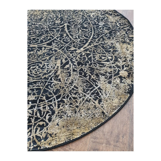 Angled detail of navy and beige round rug showing scroll pattern and edge finish, 160 cm