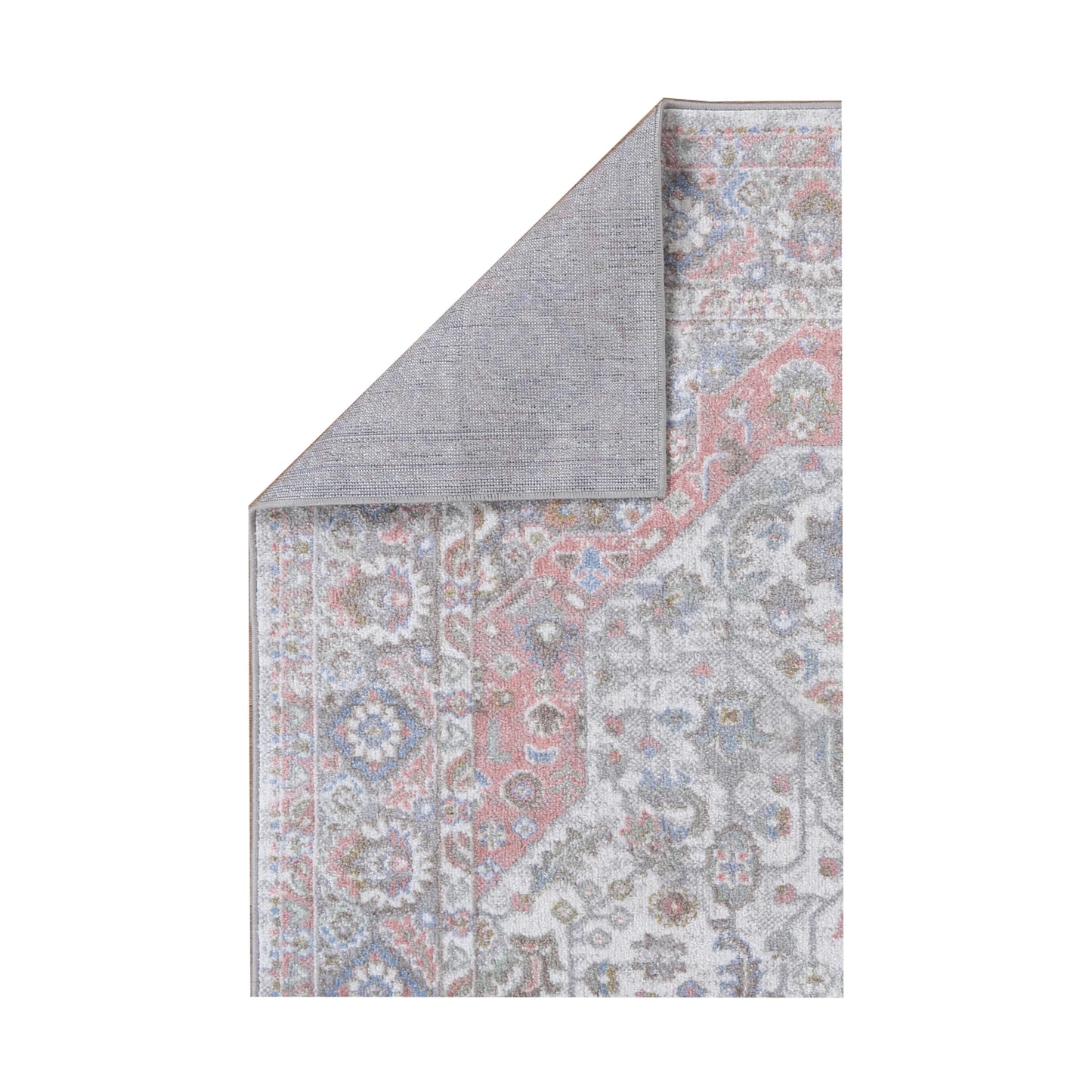 Folded reverse backing detail of Oporto Bremen Blush & Blue Traditional Rug with cream-grey field and blush-blue border, 290 x 200 cm