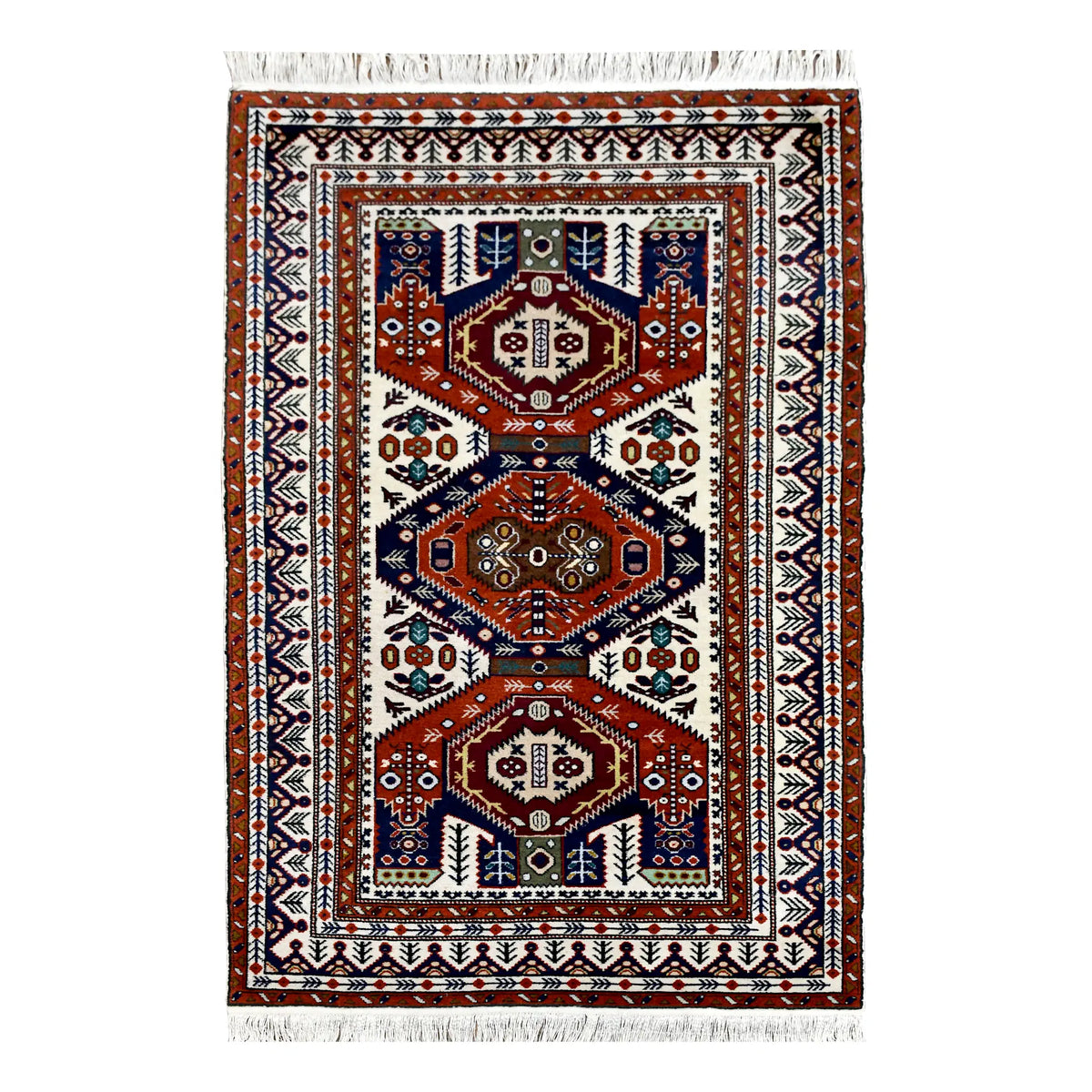 Full view of Persian Ardabil rug with three geometric medallions on an ivory field, 220 x 140 cm