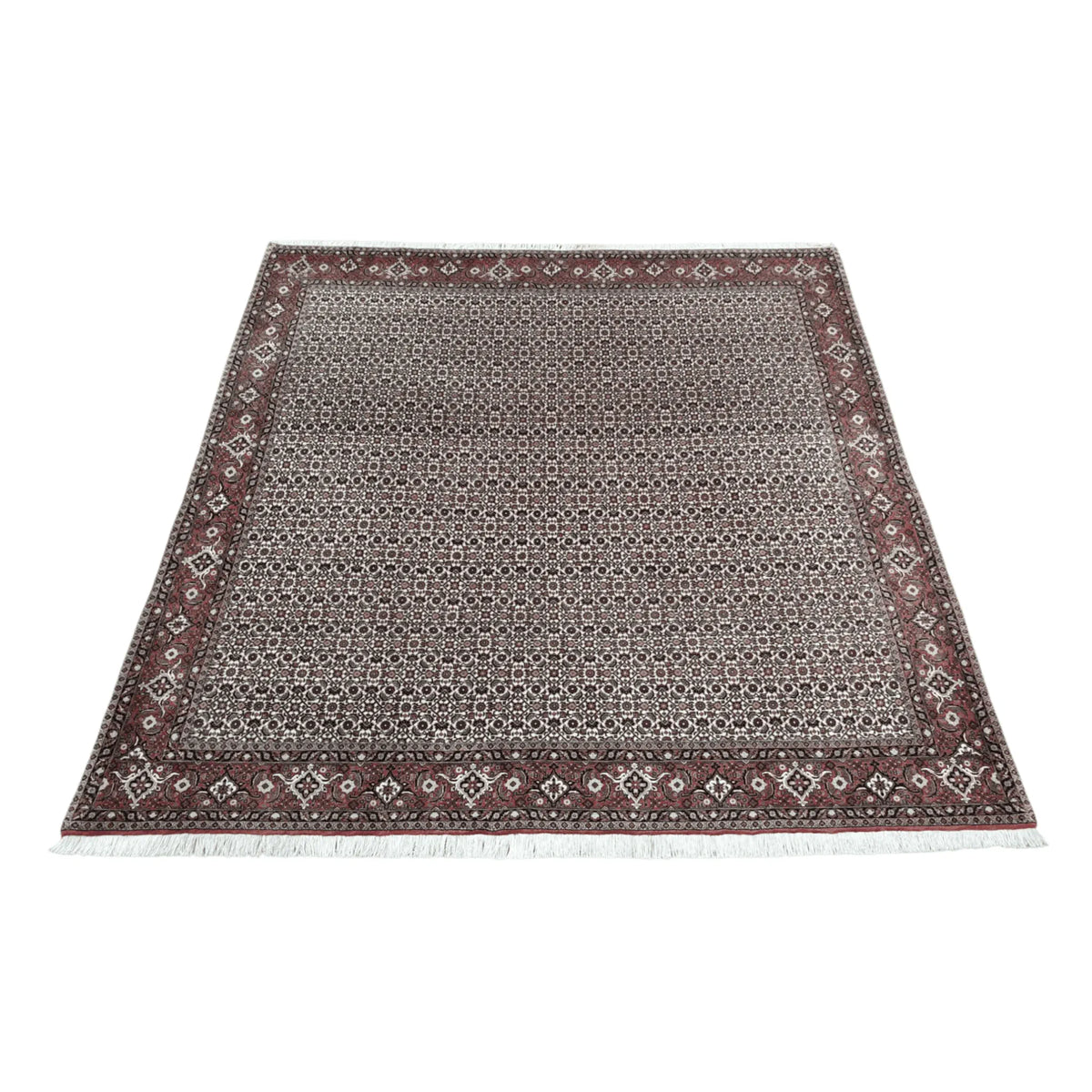Full view of Persian Bidjar hand-knotted wool rug with dark brown patterned field and detailed red border, 257 x 250 cm