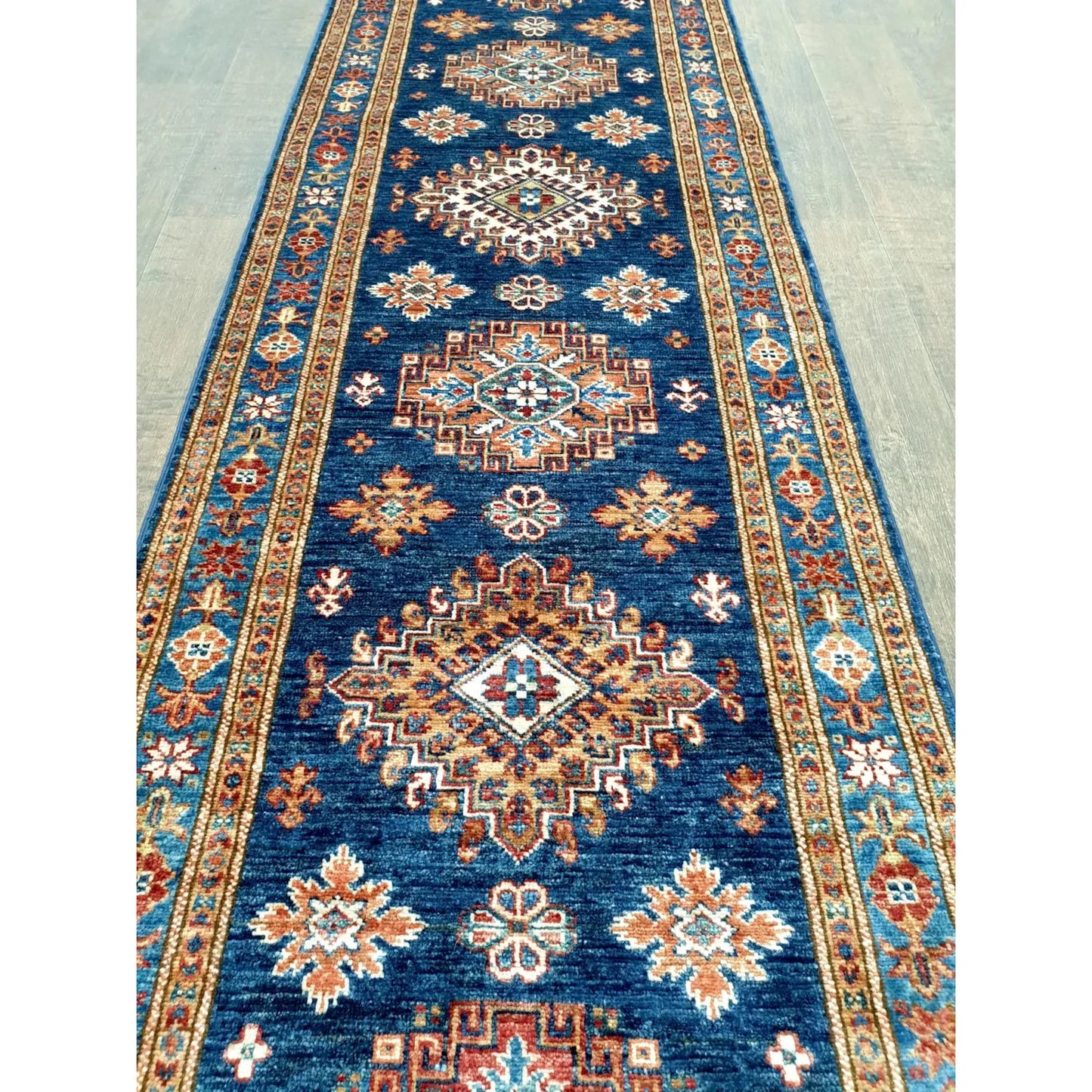 Super Kazak runner rug 295 x 75 cm full pattern view symmetrical design