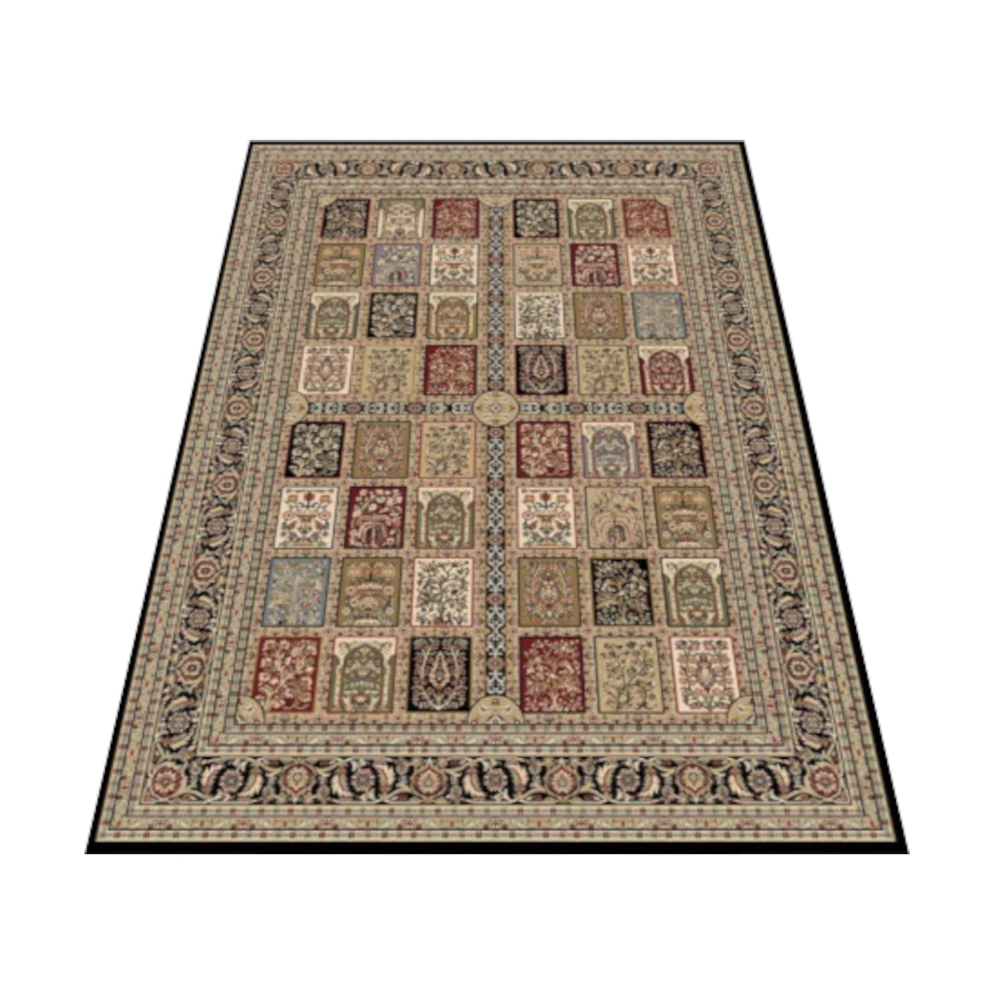 Angled view of Traditional Isfahan Multicolour Premium Designer Rug showing panelled pattern and decorative border