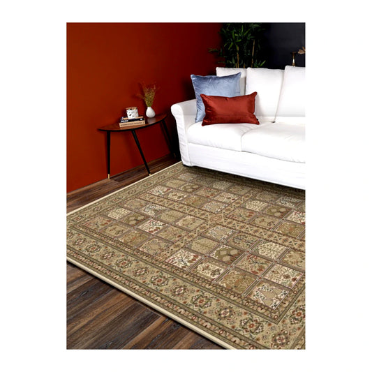 Styled room view of the Turkish Isfahan cream rug beside a white sofa on dark timber flooring