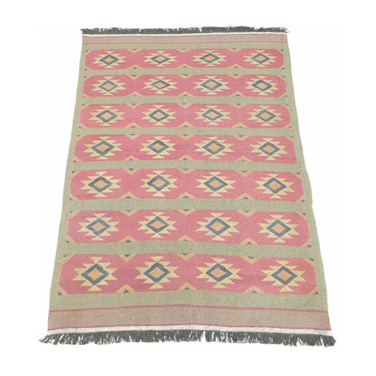 Secondary full view of Turkish Kilim wool rug with repeated diamond motifs and fringed ends, 200 x 144 cm