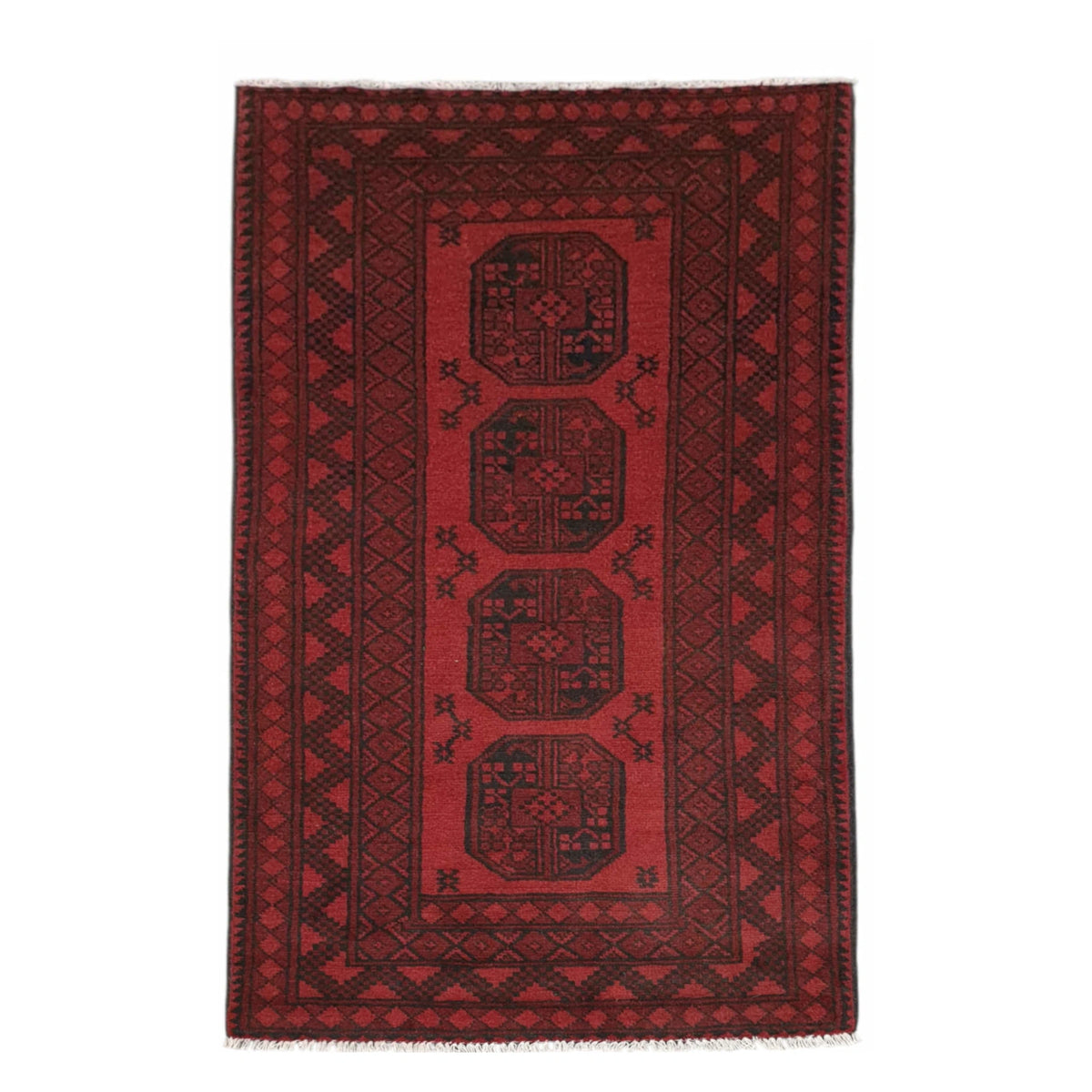 Turkoman hand-knotted wool rug 190 x 101 cm shown in straightened full view with deep red geometric gul design