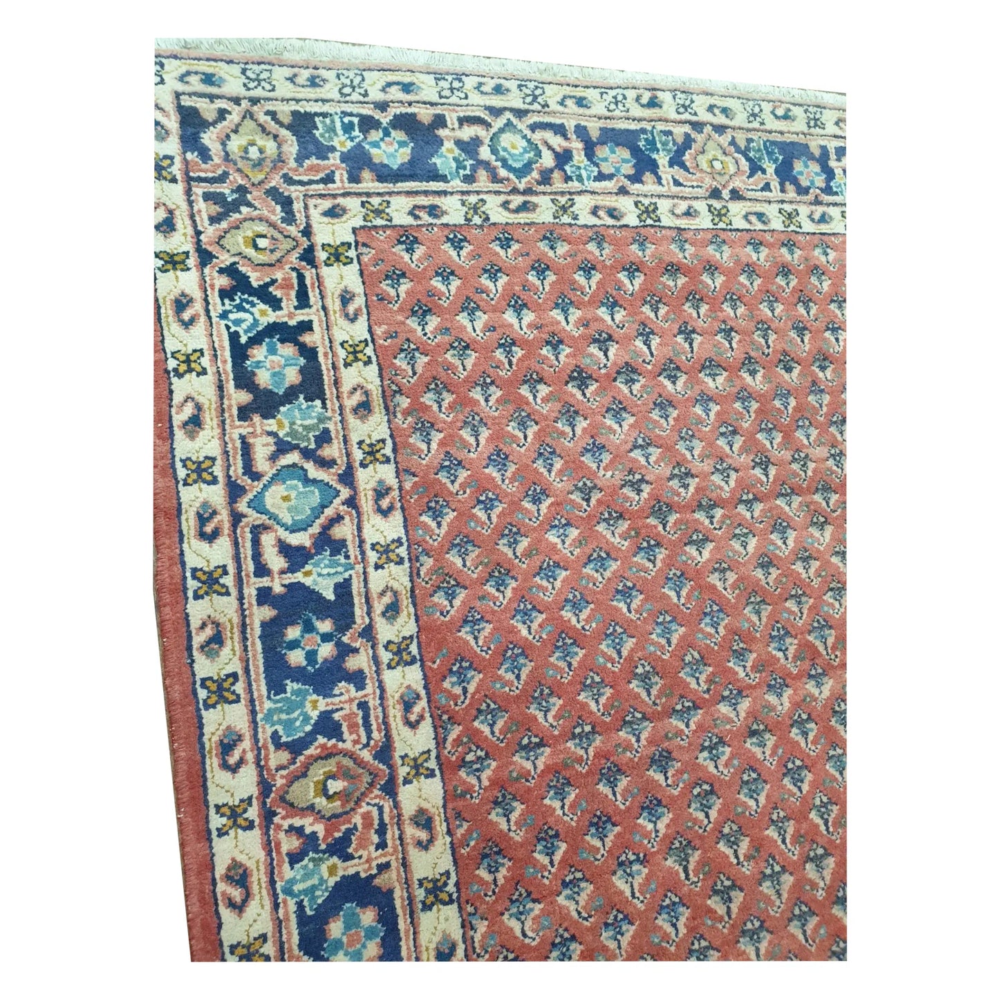 Corner border and field detail of Vintage Persian Sarouk Mir Boteh wool runner rug with ivory, blue and red pattern, 355 x 135 cm