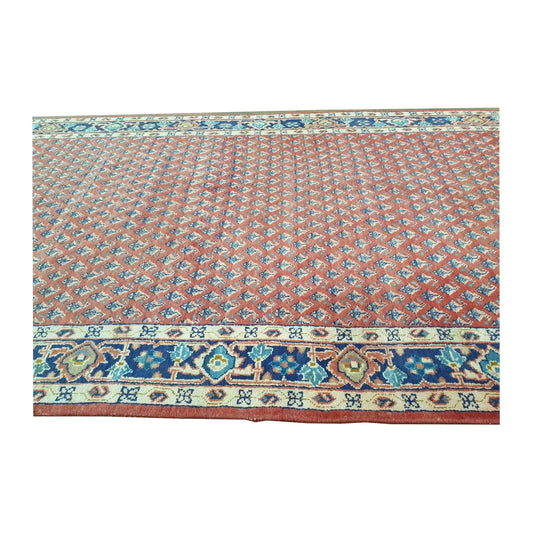 Lower border and field detail of Vintage Persian Sarouk Mir Boteh wool runner rug with red boteh pattern, 355 x 135 cm
