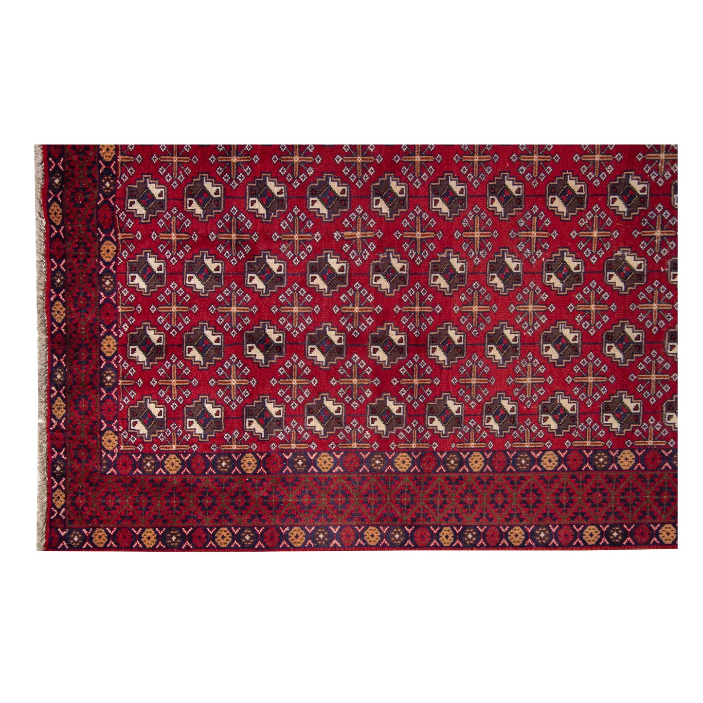 End border and field detail of vintage Persian Turkoman rug with tribal motifs