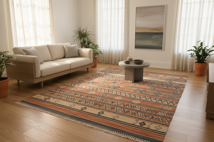 Indian Dhurrie flatweave rug in a bright modern living room