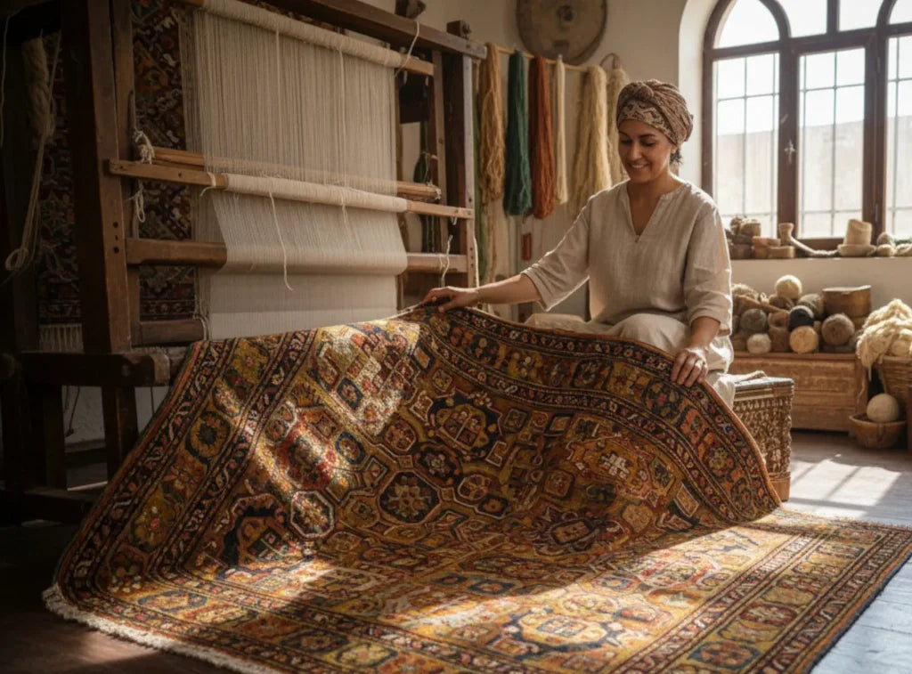 Female artisan weaving a hand knotted rug on a traditional loom in a rug workshop