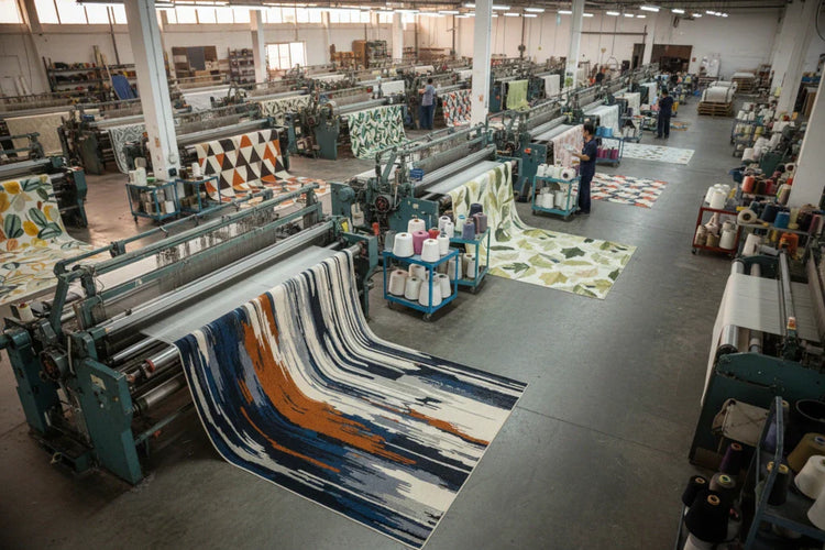Machine-made rugs being woven on industrial looms in a large rug factory