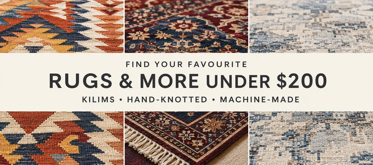 Six-column display of colourful rug designs promoting Rugs & More Under $200