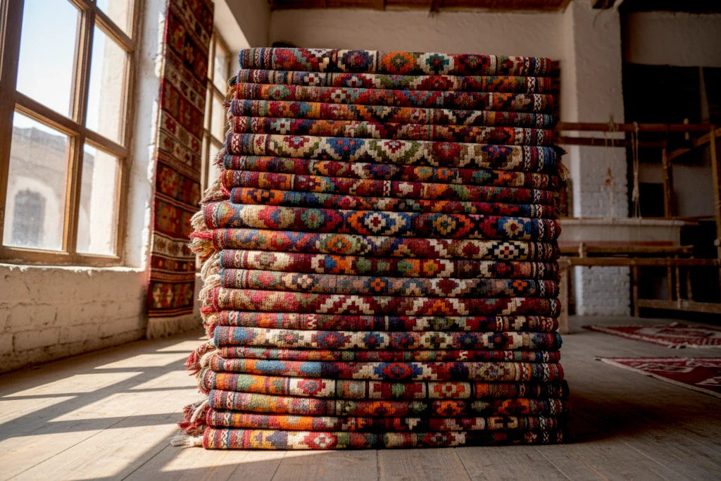 Stacked handwoven kilim rugs in a sunlit weaving workshop