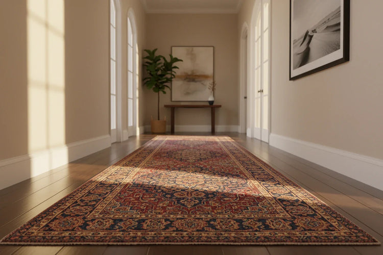 Traditional runner rug in a sunlit hallway with polished wooden flooring