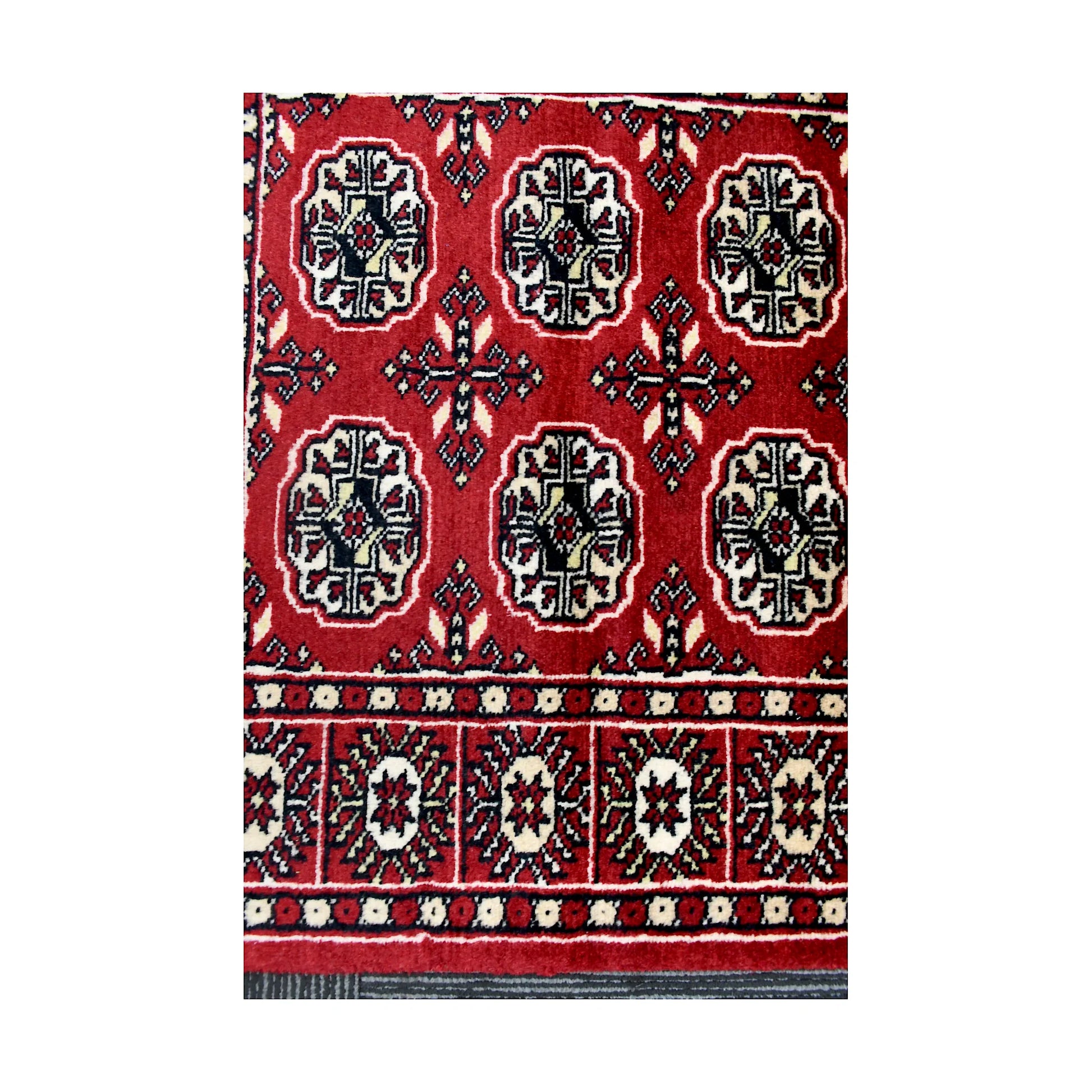 Gul medallion and border detail of Afghan Bokhara runner rug with red, black and ivory geometric pattern