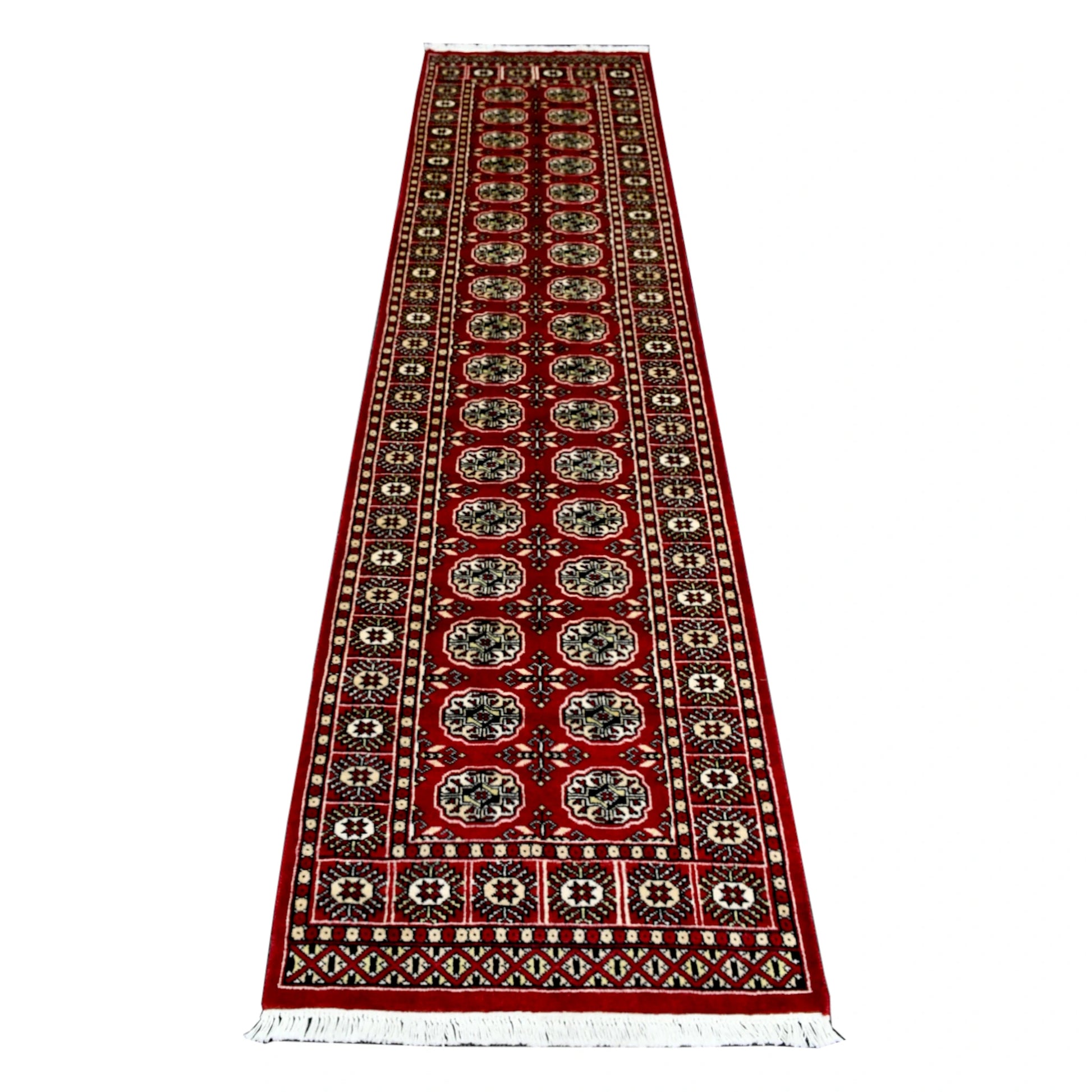 Afghan Bokhara runner rug 292 x 76 cm full view with red field and repeating gul medallion pattern