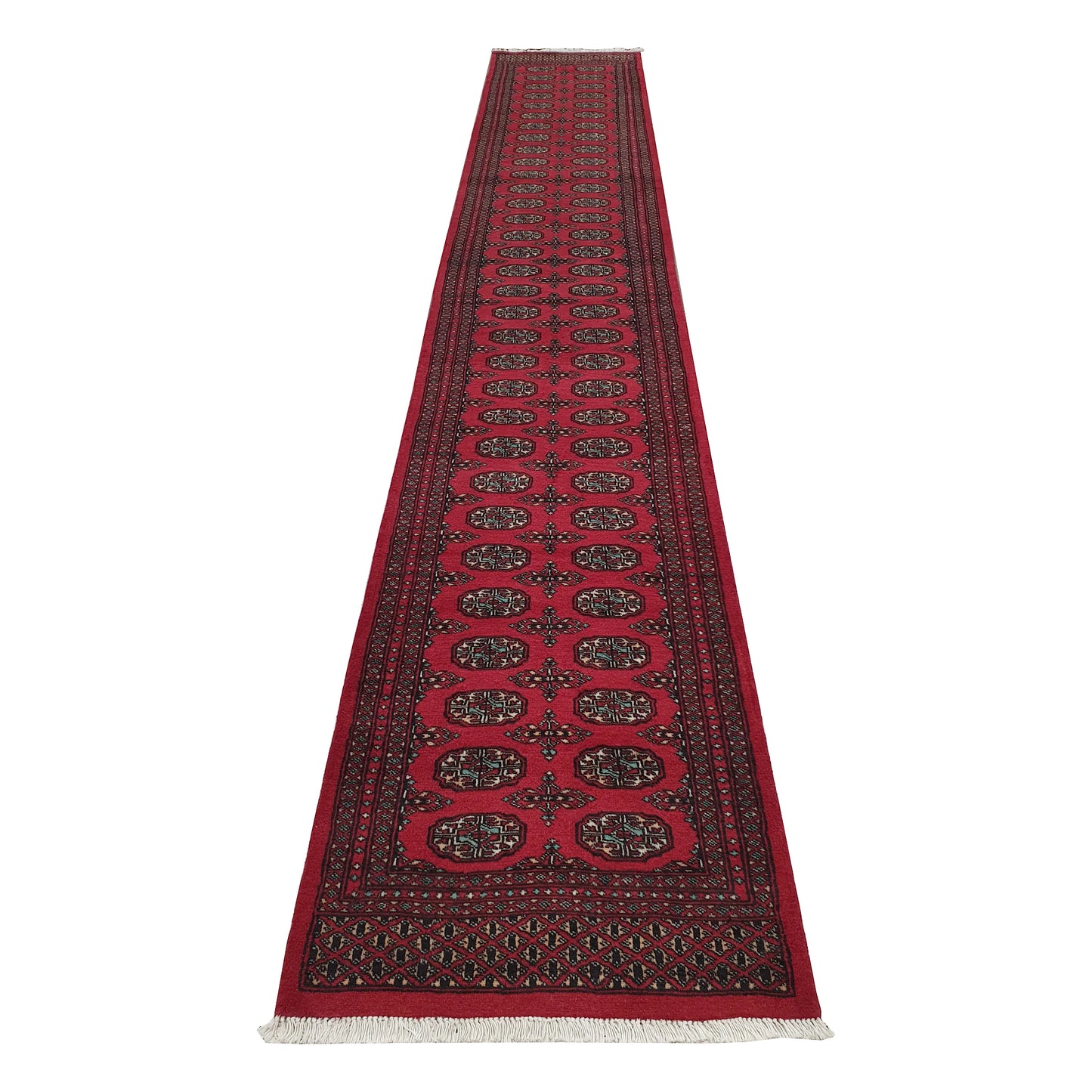 Afghan Bokhara runner rug 486 x 79 cm full view with red field and repeated gul medallion pattern