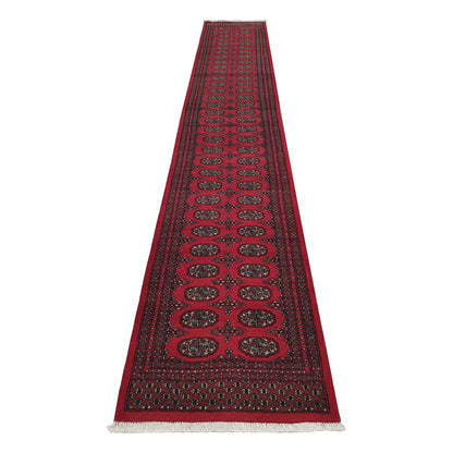 Afghan Bokhara runner rug 486 x 79 cm full view with red field and repeated gul medallion pattern