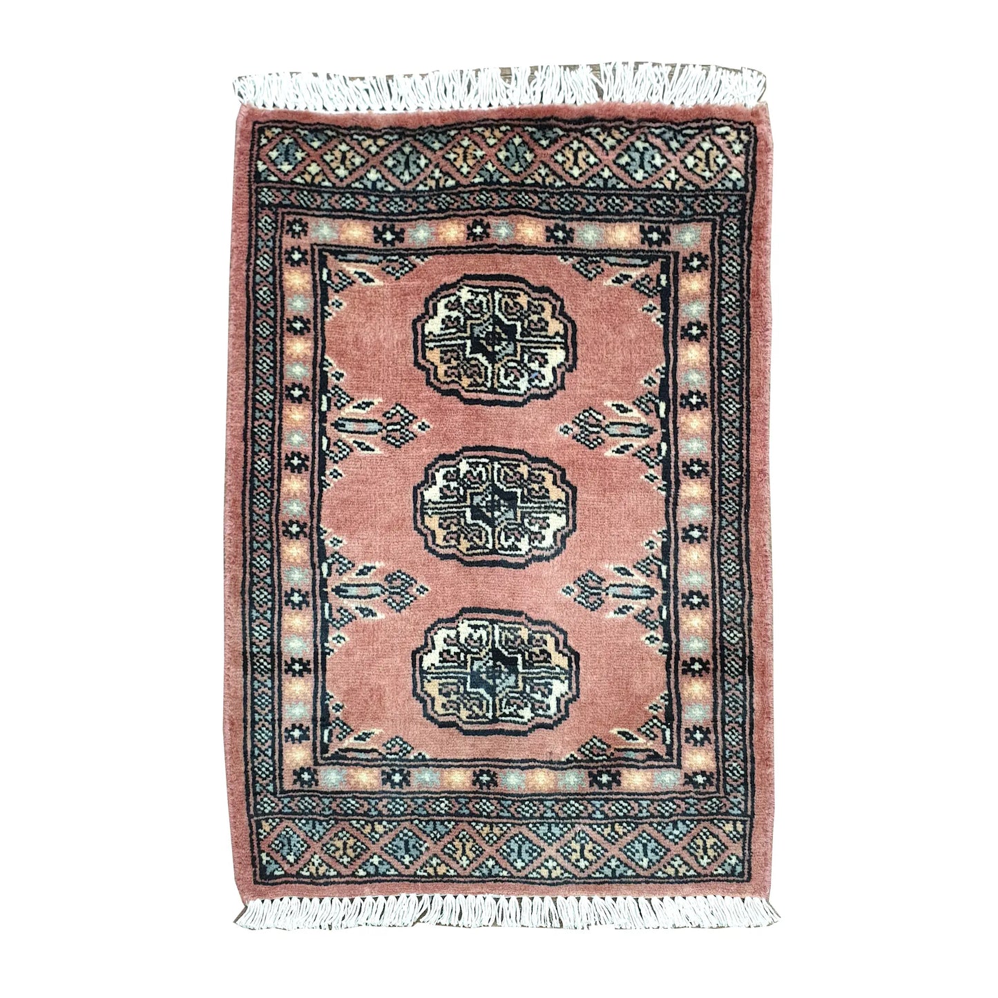 Afghan Bokhara wool rug 66 x 46 cm full view with salmon red field, ivory gul medallions and fringe