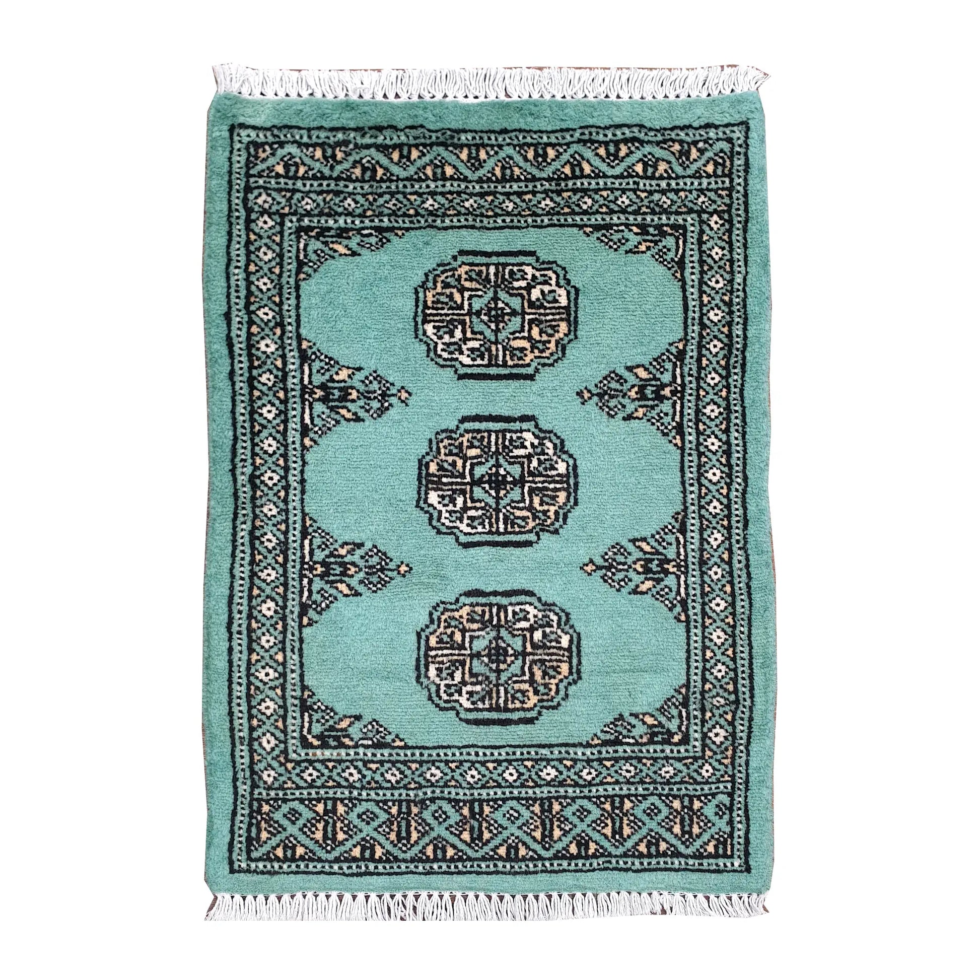 Afghan Bokhara wool rug 66 x 47 cm full view with light turquoise field, ivory gul medallions and fringe