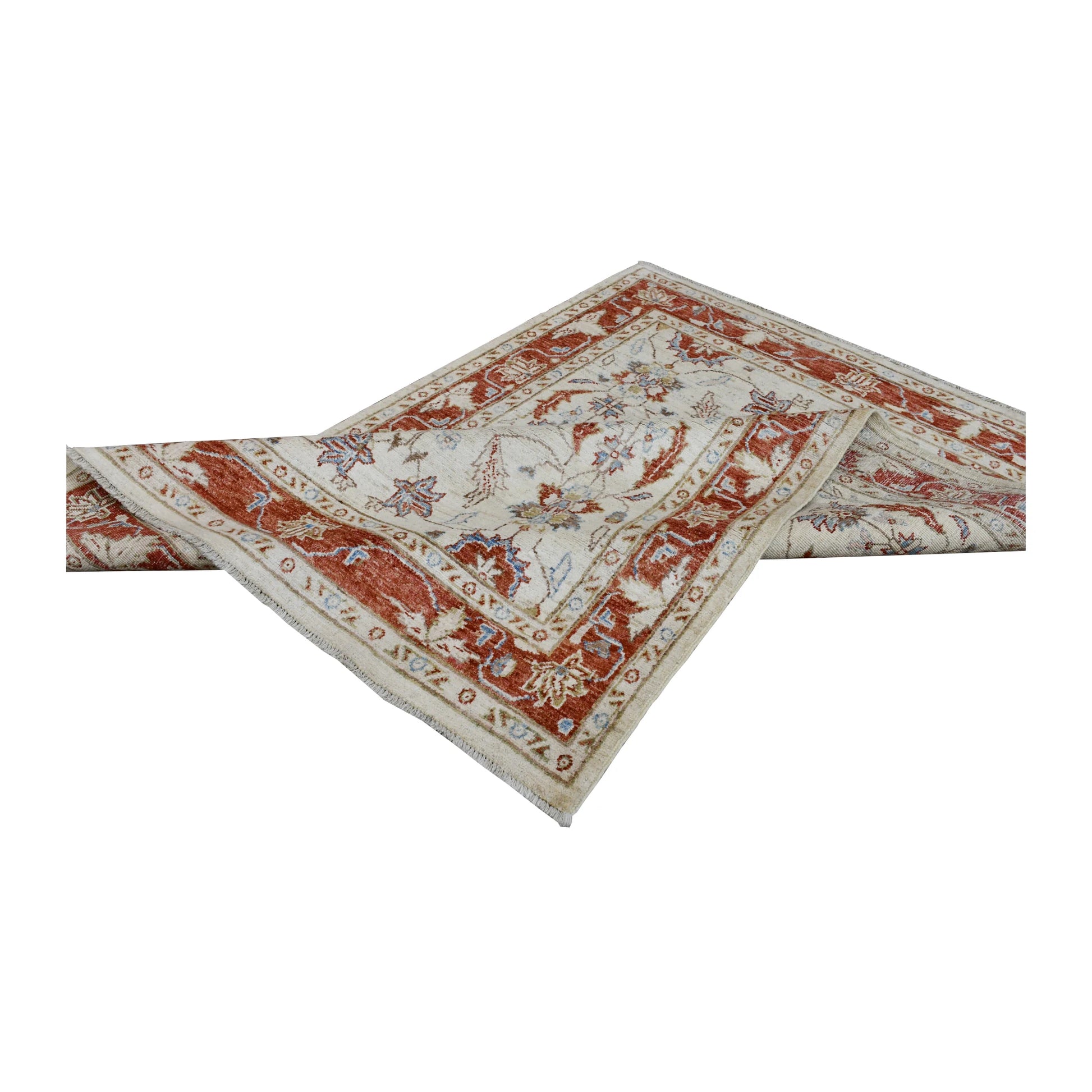 Folded view of Afghan Chobi hand-knotted wool rug showing its floral pile, layered border and finished edge