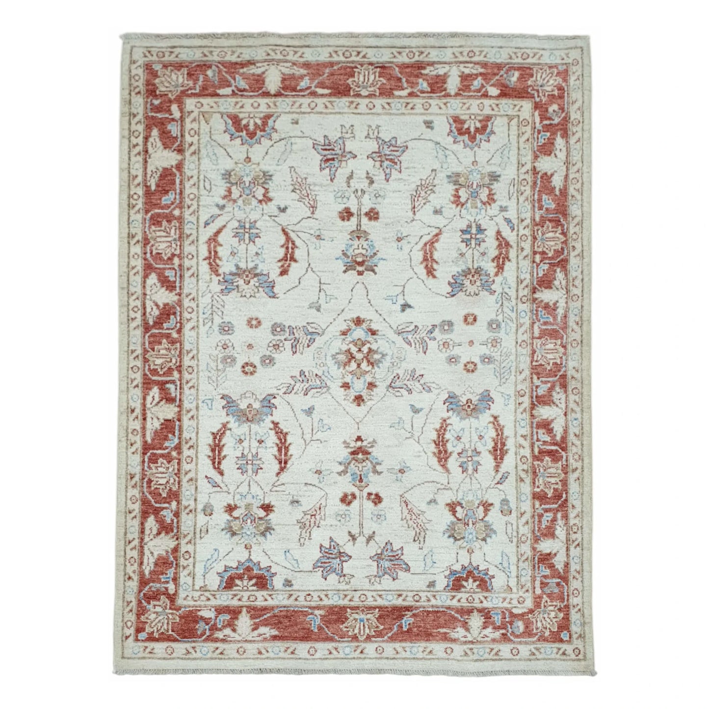 Full view of Afghan Chobi beige floral rug 170 x 123 cm with red border