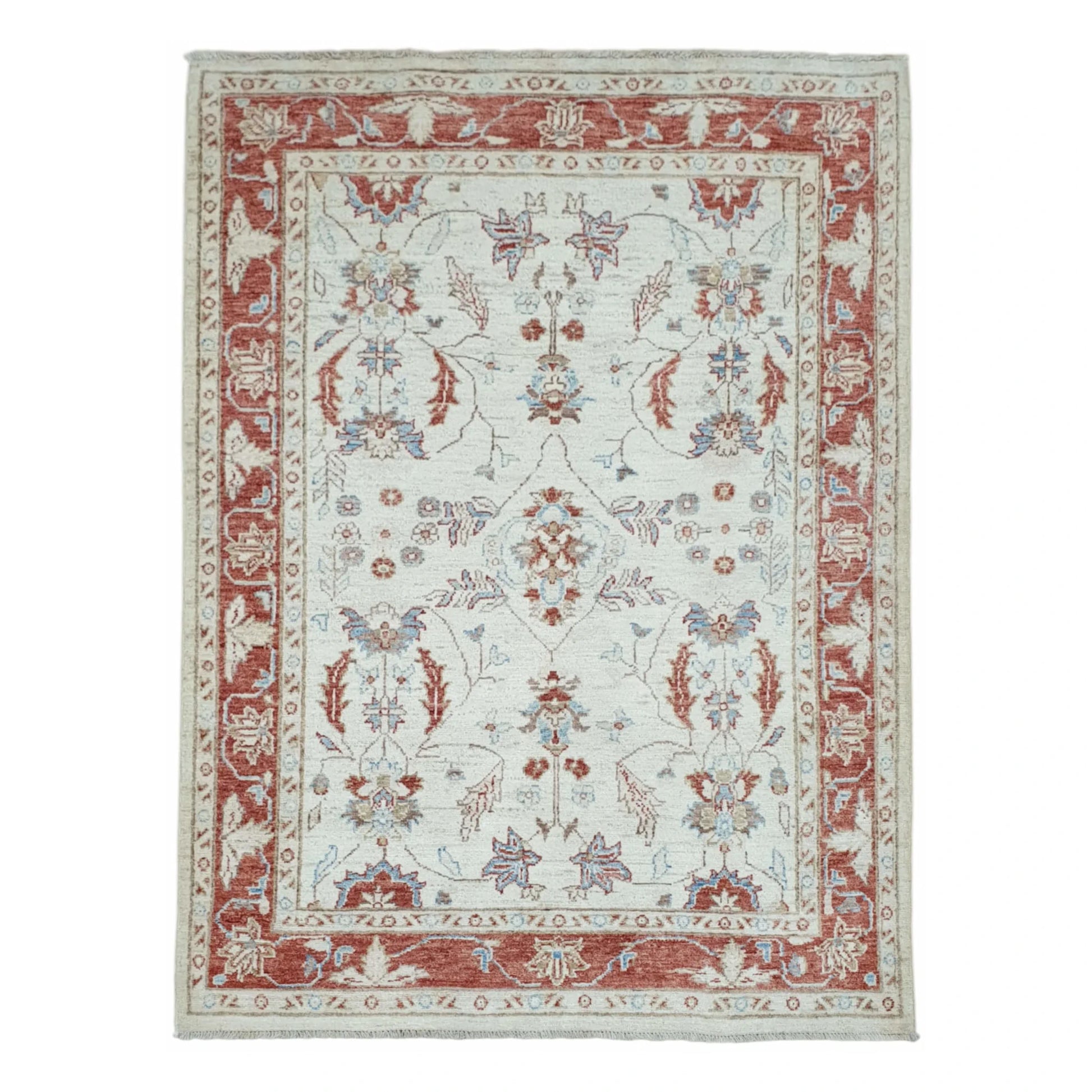 Full view of Afghan Chobi beige floral rug 170 x 123 cm with red border