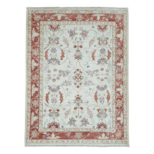 Full view of Afghan Chobi beige floral rug 170 x 123 cm with red border