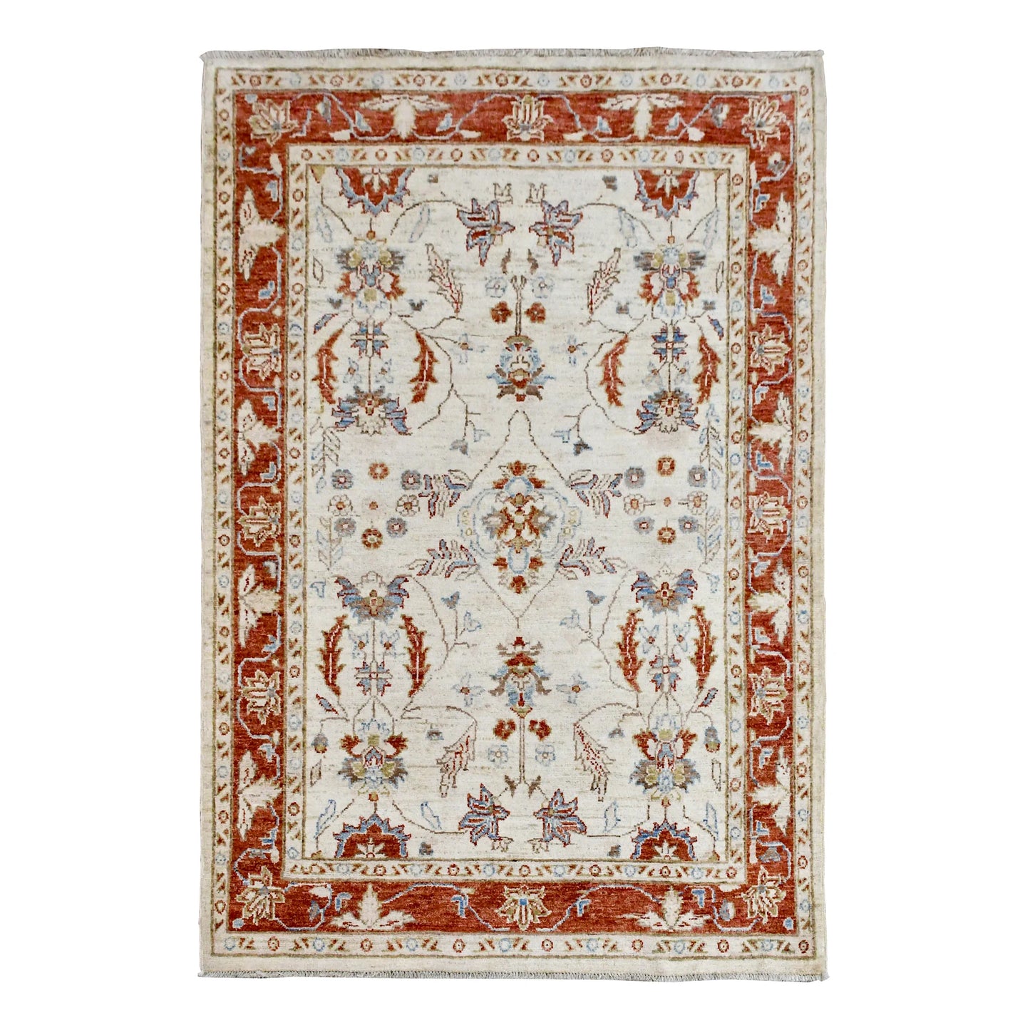 Full view of Afghan Chobi beige floral hand-knotted wool rug with rust-red border, 170 x 123 cm