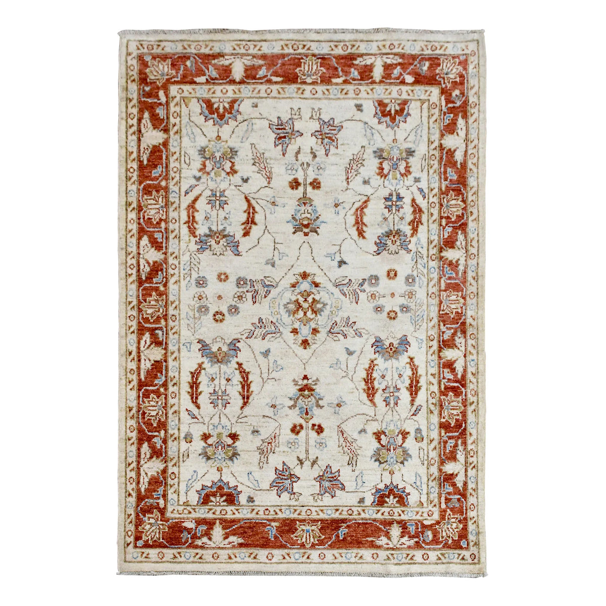 Full view of Afghan Chobi beige floral hand-knotted wool rug with rust-red border, 170 x 123 cm