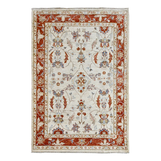 Full view of Afghan Chobi beige floral hand-knotted wool rug with rust-red border, 170 x 123 cm