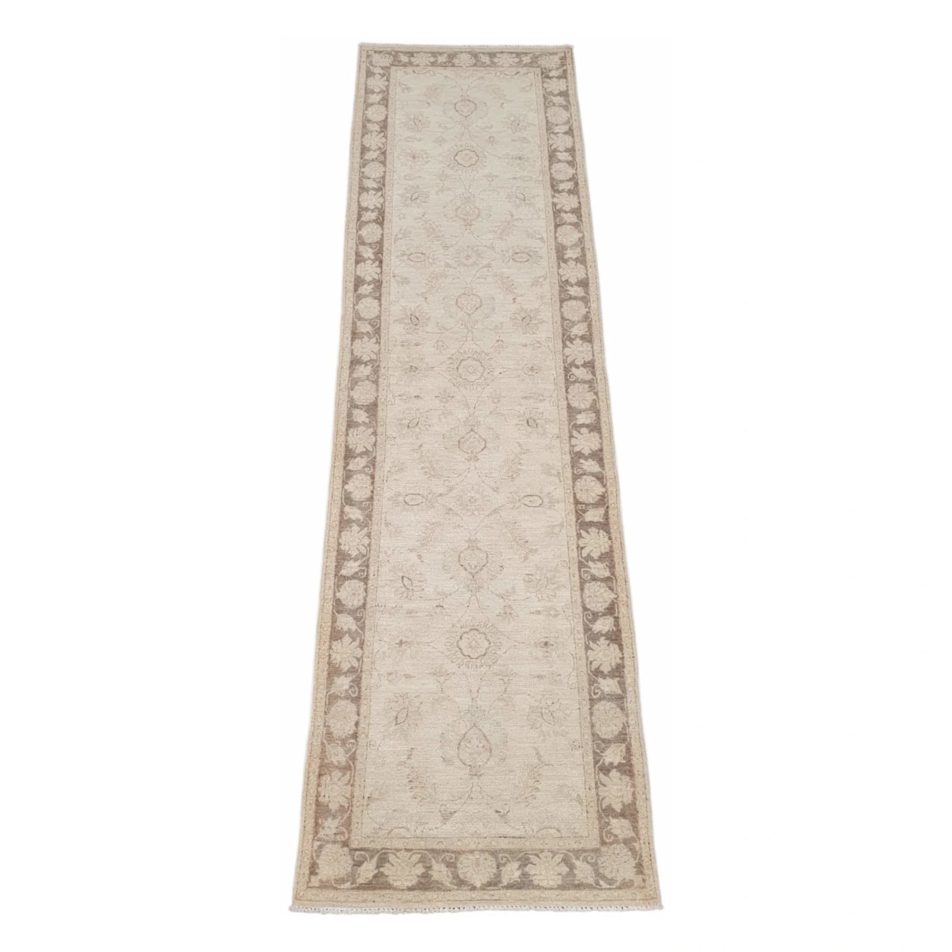 Full view of Afghan Chobi beige floral runner 290 x 79 cm