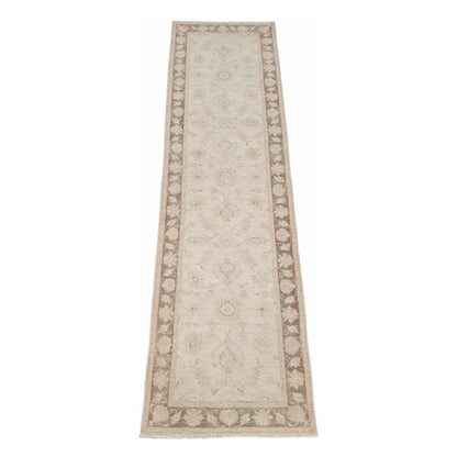 Full view of Afghan Chobi beige floral runner 290 x 79 cm
