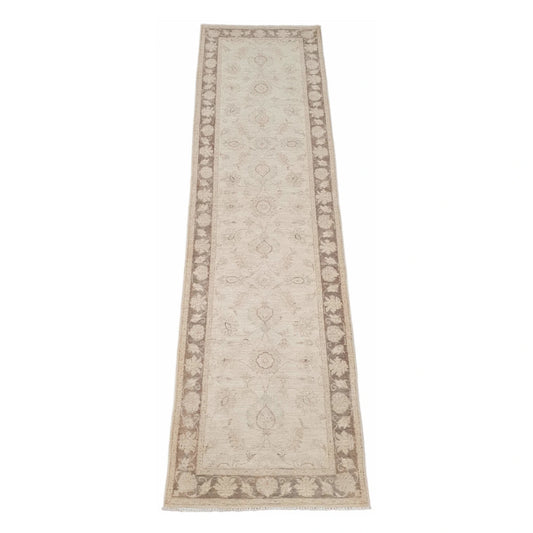 Full view of Afghan Chobi beige floral runner 290 x 79 cm