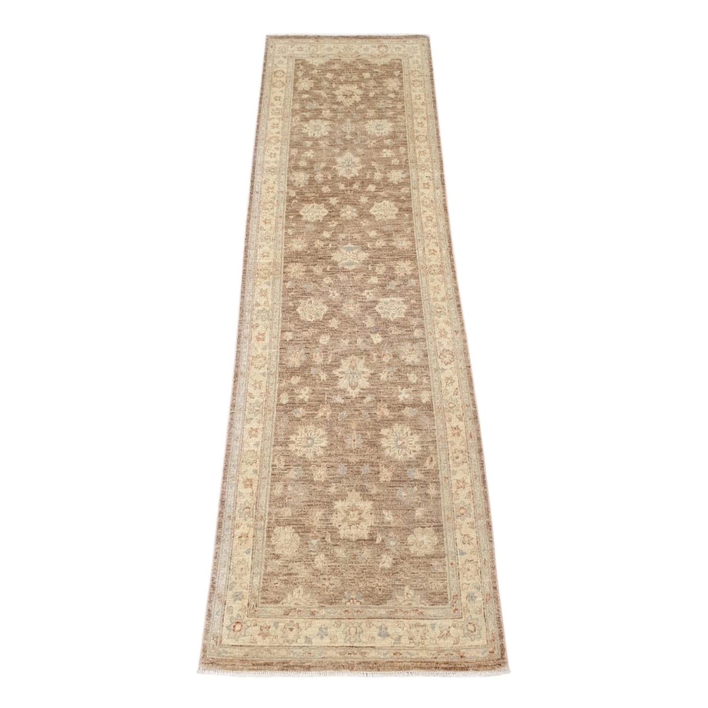 Angled full view of Afghan Chobi beige medallion runner 292 x 92 cm with floral border