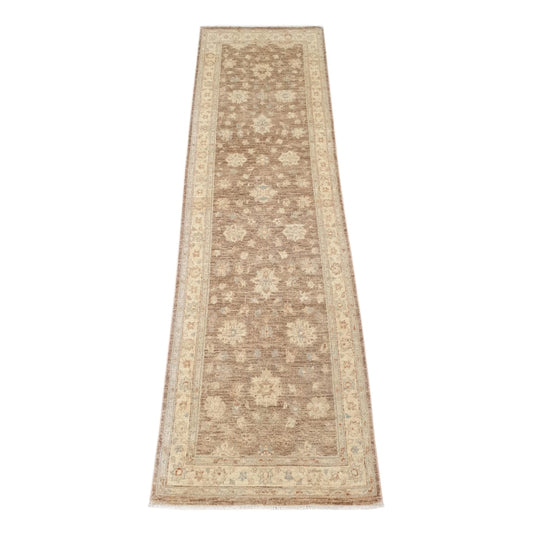 Angled full view of Afghan Chobi beige medallion runner 292 x 92 cm with floral border