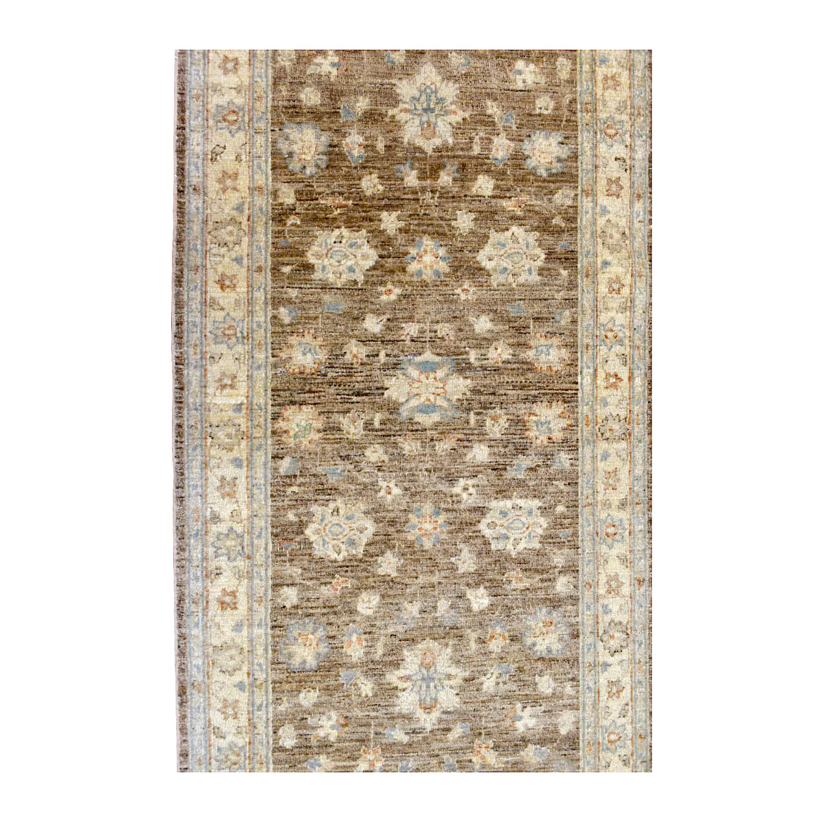 Field detail of Afghan Chobi runner showing rows of pale floral medallions and smaller blossoms on a taupe-brown ground