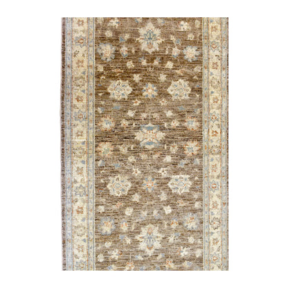 Field detail of Afghan Chobi runner showing rows of pale floral medallions and smaller blossoms on a taupe-brown ground