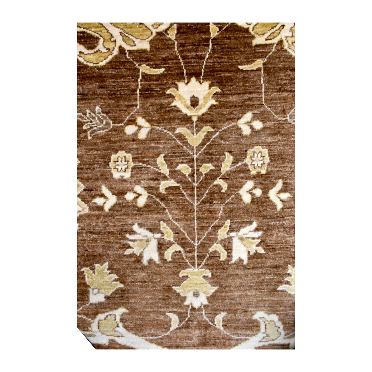 Field detail of Afghan Chobi rug showing a branching vine with ivory and blue-grey blossoms across warm brown