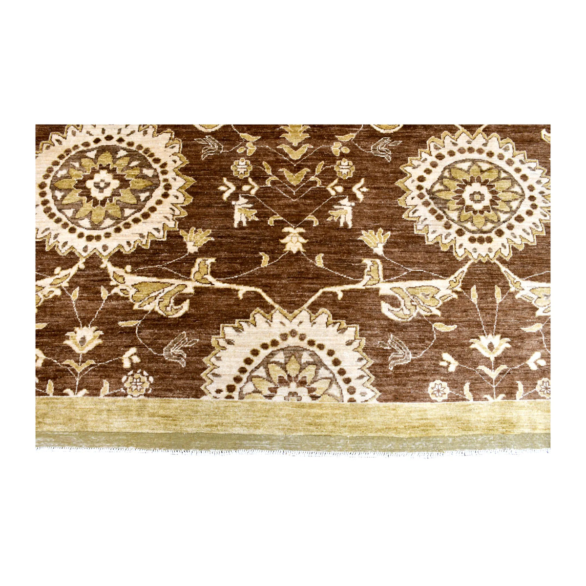 Fringe-end detail of Afghan Chobi rug showing ivory medallions, fine floral vines, muted-gold border and white fringe