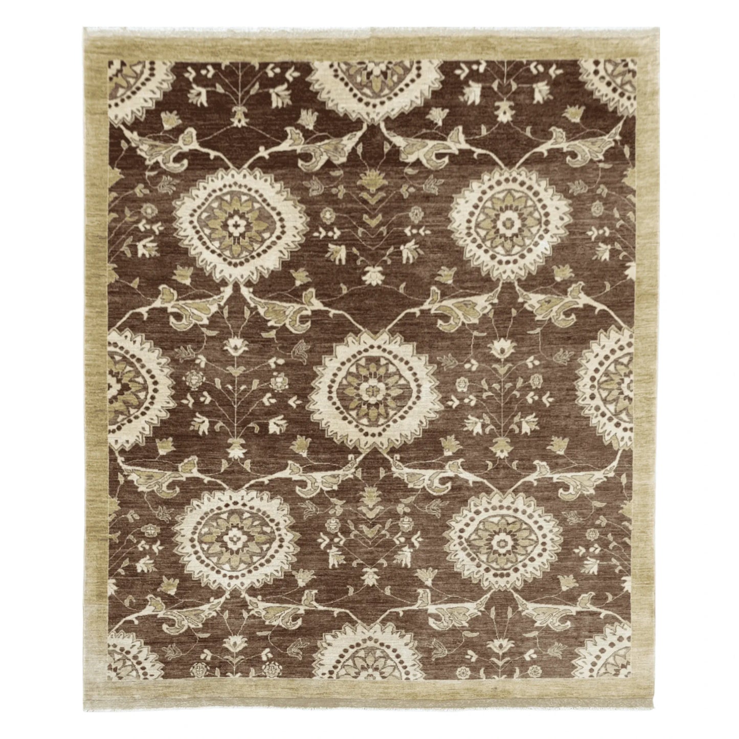 Full view of Afghan Chobi brown floral rug 302 x 250 cm with beige medallion pattern
