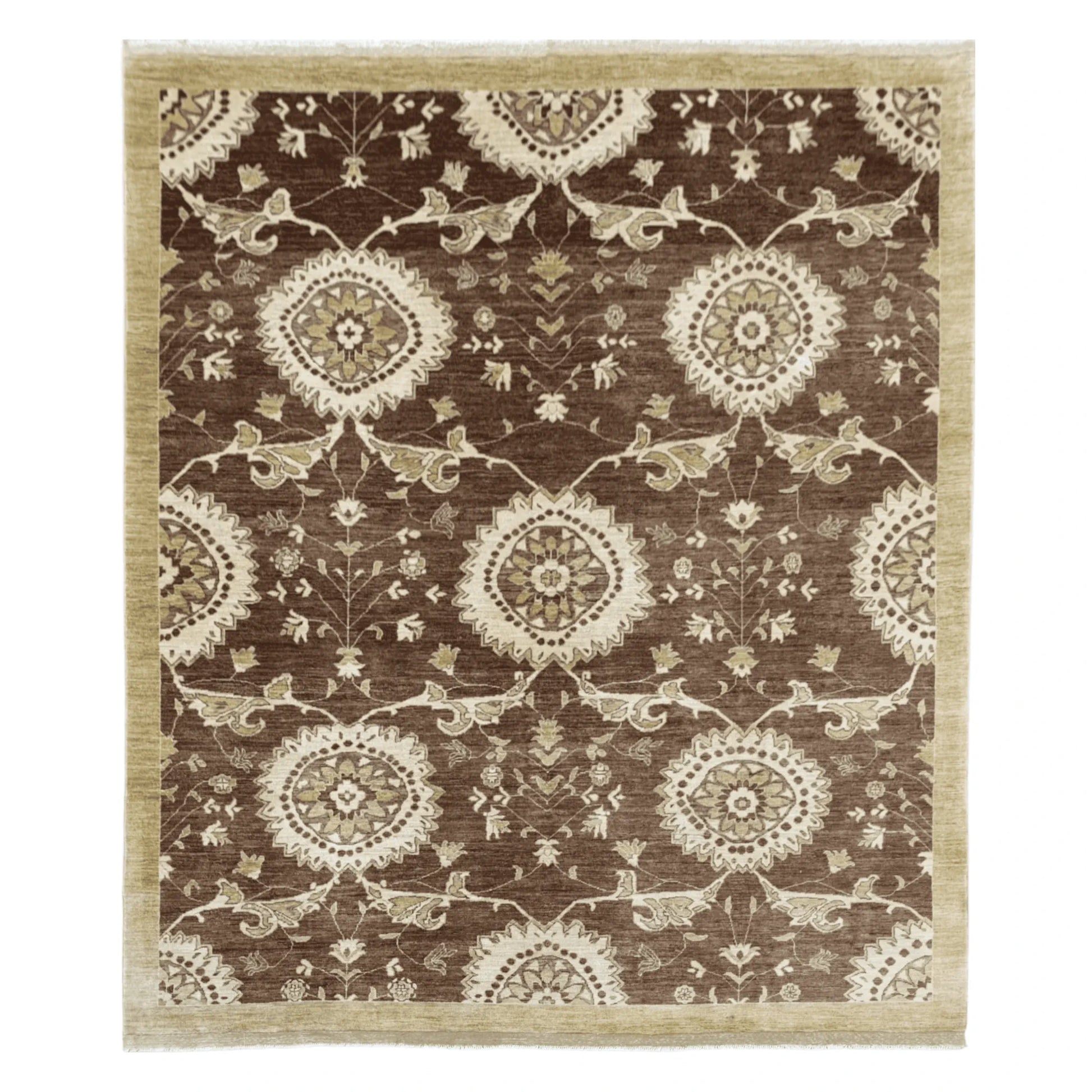 Full view of Afghan Chobi brown floral rug 302 x 250 cm with beige medallion pattern