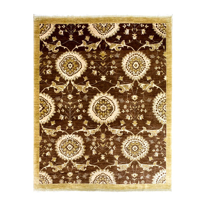 Full view of Afghan Chobi hand-knotted wool rug with walnut-brown field, ivory floral medallions and muted-gold border, 302 x 250 cm
