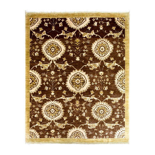 Full view of Afghan Chobi hand-knotted wool rug with walnut-brown field, ivory floral medallions and muted-gold border, 302 x 250 cm