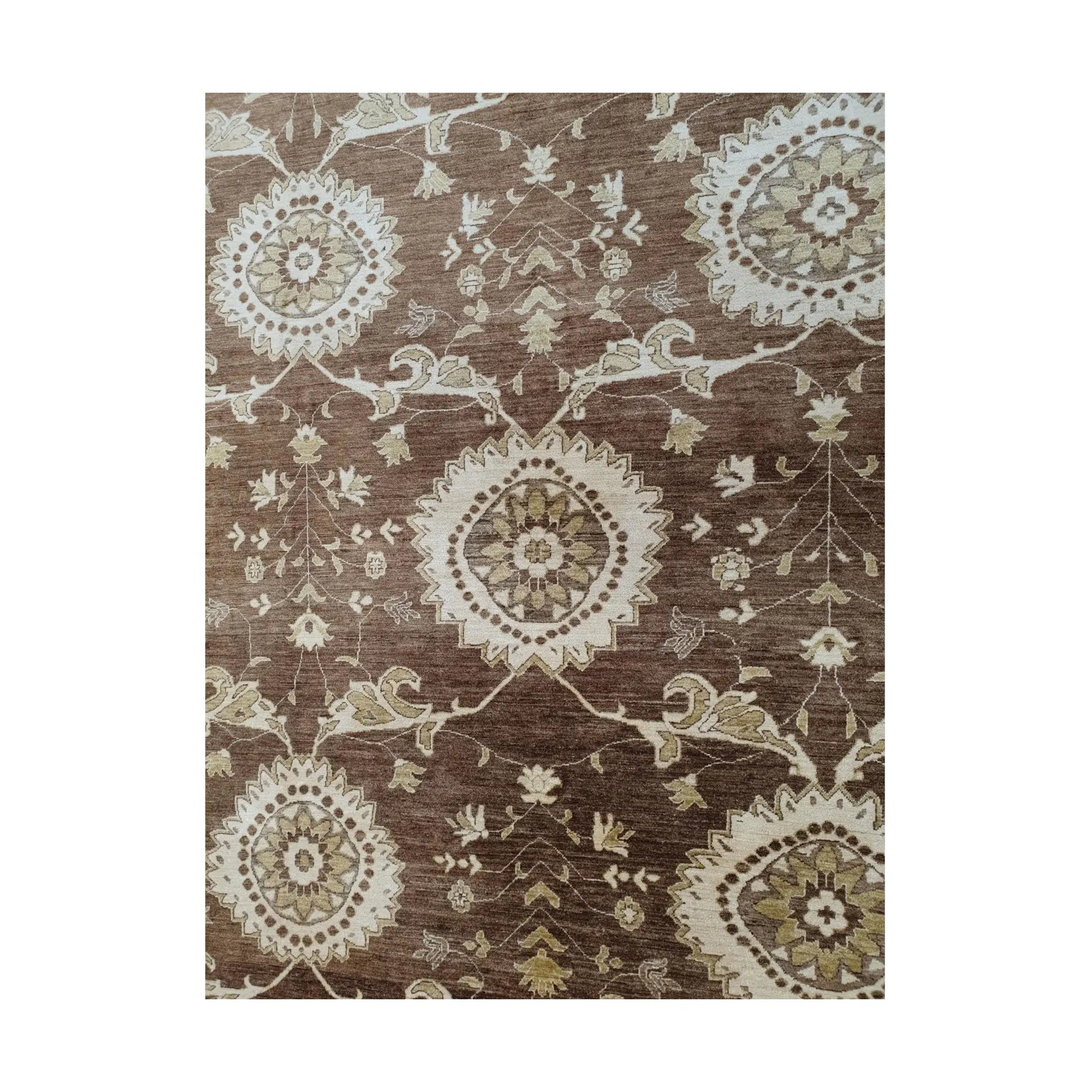 Medallion detail of Afghan Chobi brown floral rug with circular floral pattern