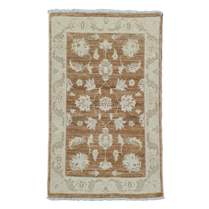 Full view of Afghan Chobi brown medallion rug 94 x 60 cm with beige border