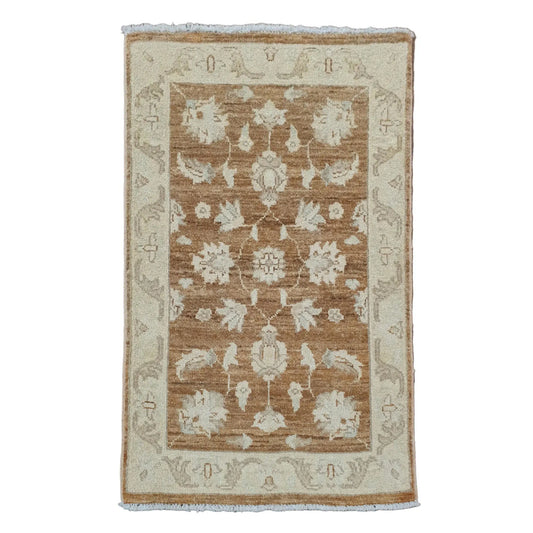 Full view of Afghan Chobi brown medallion rug 94 x 60 cm with beige border