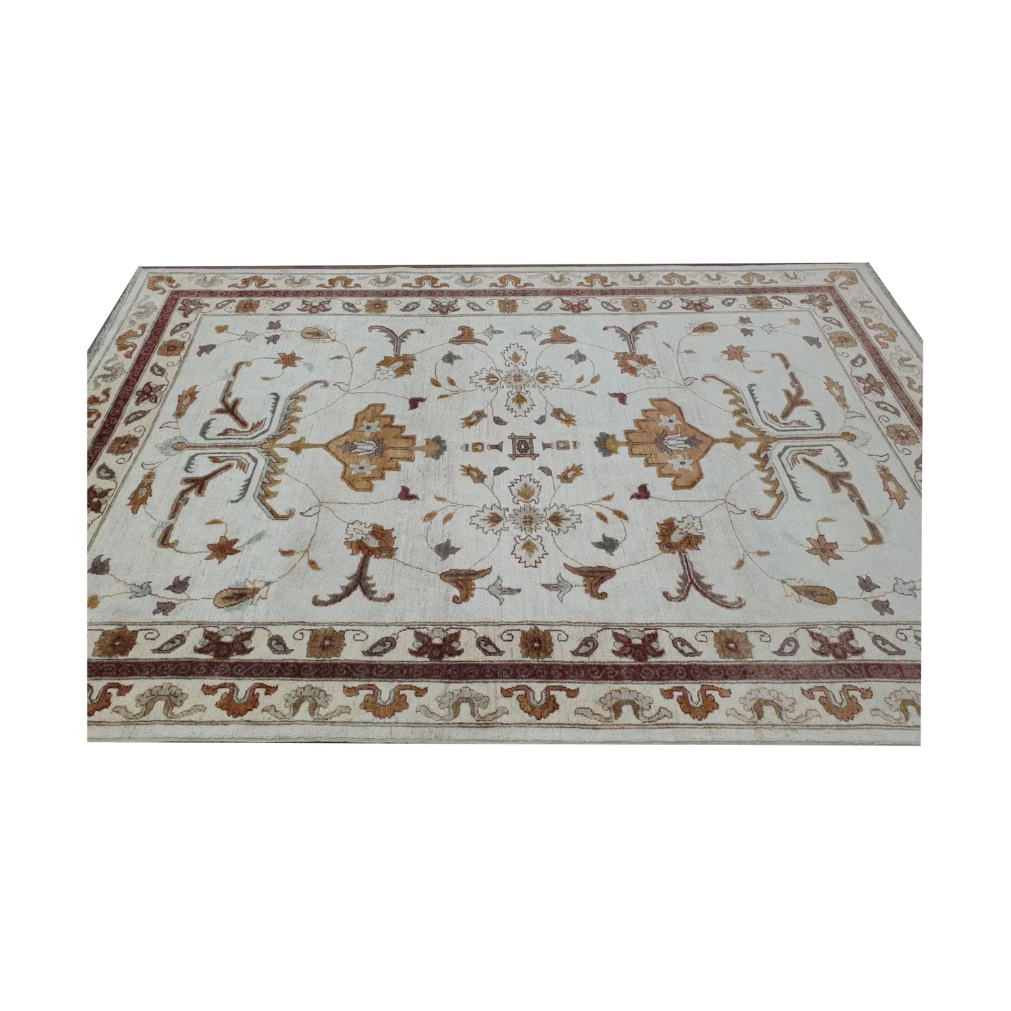 End border detail of Afghan Chobi brown vine rug with beige and brown tones